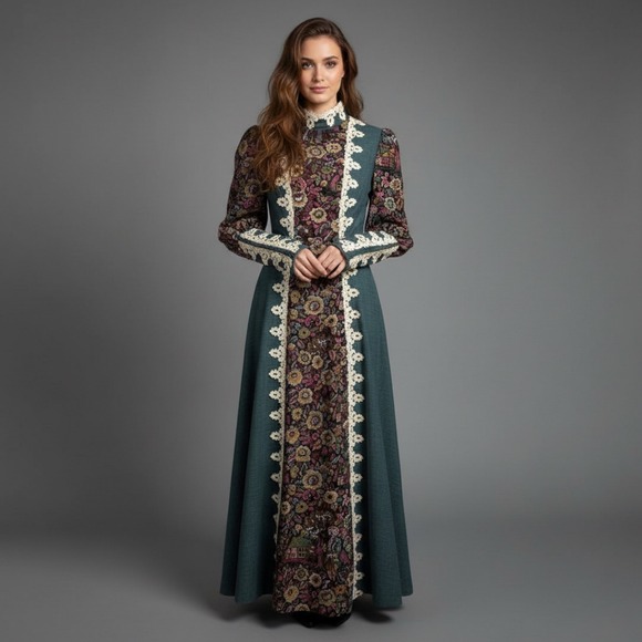 Gunne Sax Dresses & Skirts - VTG RARE 1969 Gunne Sax California Green Floral Renaissance Maxi Dress Cottage